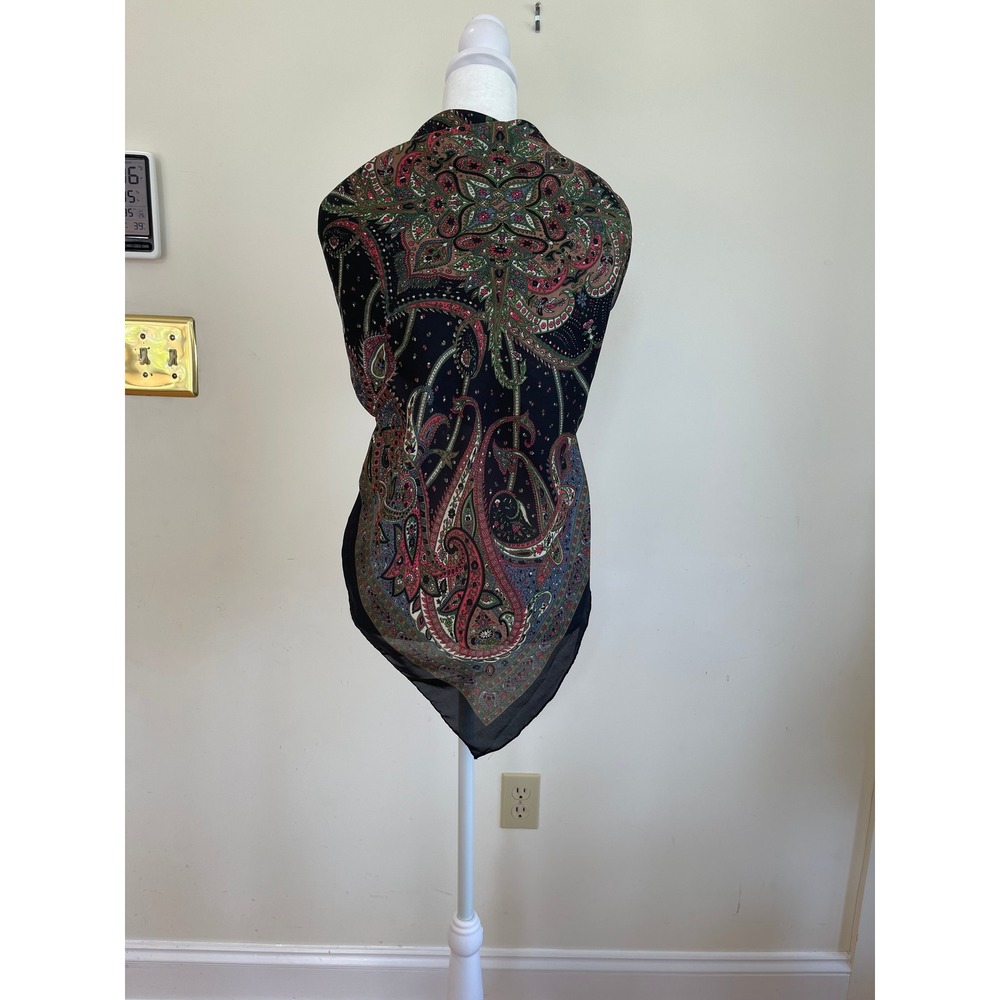Vintage Paisley Square Scarf Black Red Green Sheer Lightweight Large 34x34 Wrap